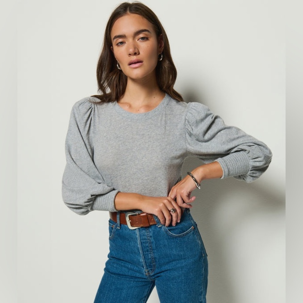 New NATION LTD Loren Tee Heather Grey Puff Long Sleeve Cotton T-Shirt Size XS